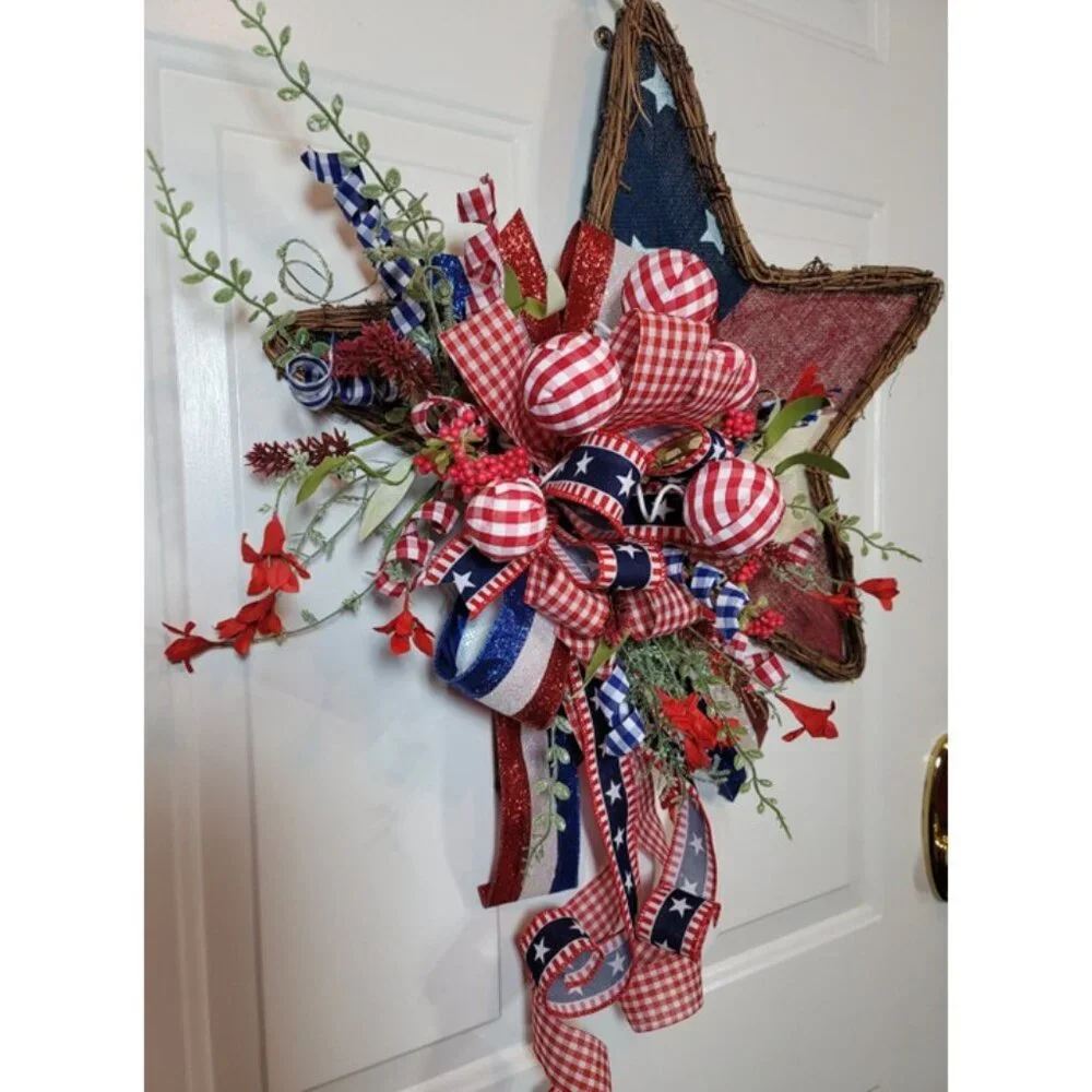 Stars / Stripes Wreath, Red White Blue Burlap Star 4th July Wreath, Hand Crafted